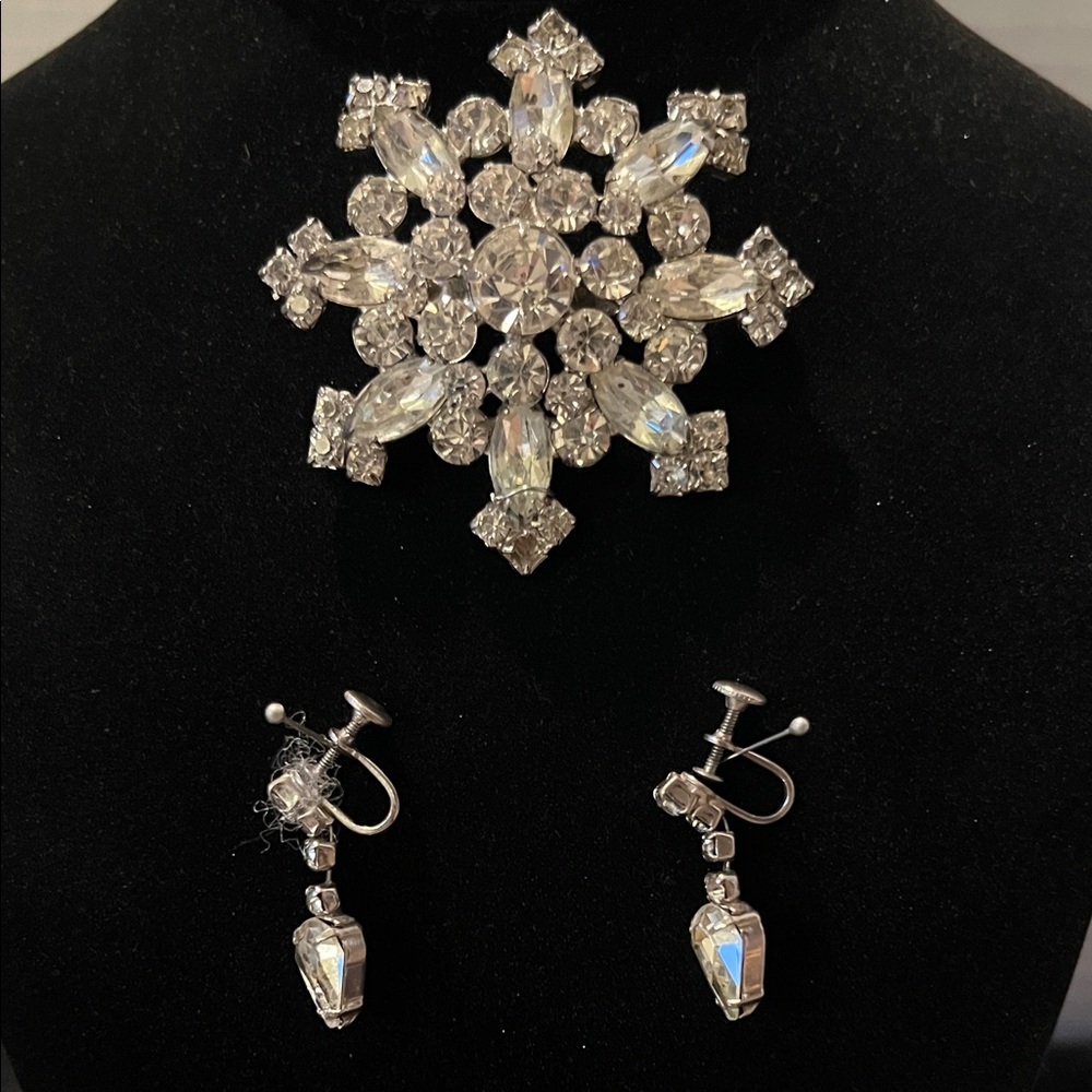Vintage Silver Crystal Brooch and Clip-on Earrings Set
